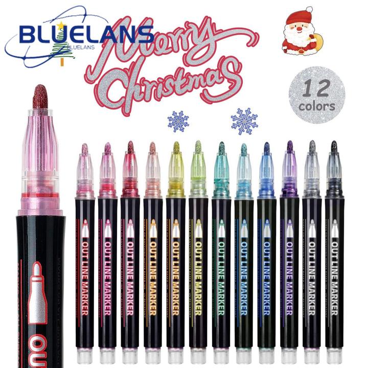 Super Wavy Outline Markers 12pcs Double Line Glitter Highlighter Pen Set Perfect for School Office Diy Art Projects 12 Vibrant Colors Portable Easy to Use Student Stationery