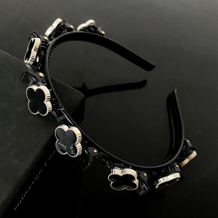 【ETOP】Four Leaf Clover Non-Slip Headband Pearl Women Hair Hoop Double Bangs Hairstyle Korean Style Elegant Temperament Headwear