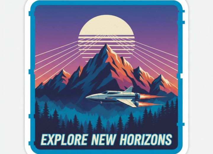 Retro-Futuristic Sticker Landscape Art Space Exploration Decal Mountain ...