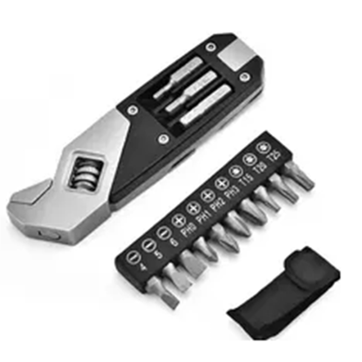 17-In-1 Stainless Steel Adjustable Wrench Foldable Pocket Multi Tool Multifunctional Spanner Screwdriver Bits Kit Black