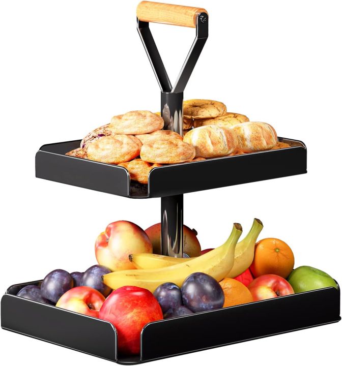 2 Tier Fruit Basket With Handles, Countertop for Kitchen, Vegetable Bread Basket Fruit Bowl Storage Stand Detachable Metal Fruit Holder, Fruit Basket for Kitchen Counter, Black Color, Customize by Switch 2 Decore