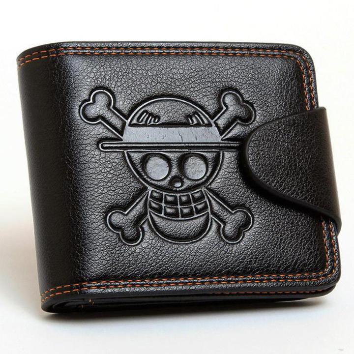 【BestGO】One Piece Road Flight Dompet One Piece Straw Hat Logo  PU Leather Wallet Hitam Pendek - International
