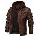 Brown Leather Bomber Style Leather Jacket with Hoodie: Baseball Jacket For Men - Ultimate Style and Comfort. 