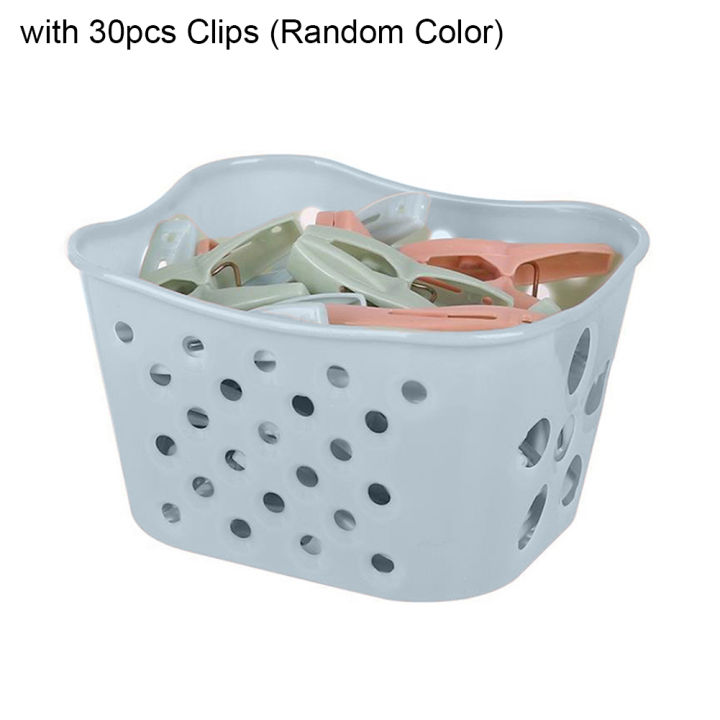 30Pcs Windproof Clothes Laundry Clothespin Drying Clips with Storage Basket
