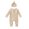 Infant Baby Jumpsuit and Hat Set, Solid Knit Ribbed Long Sleeve Crew Neck Button Romper One-Piece Clothes. 