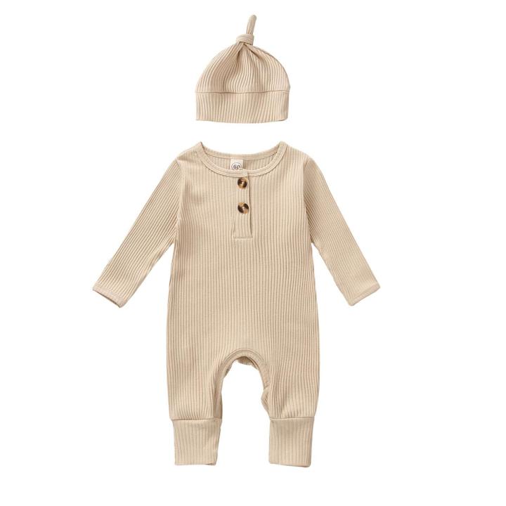 Infant Baby Jumpsuit and Hat Set, Solid Knit Ribbed Long Sleeve Crew Neck Button Romper One-Piece Clothes