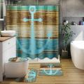 Softly Blue Ship Anchor Print Bathroom Decoration Mildew-proof Waterproof Shower Curtain+ Non Slip Bathroom Pedestal Rug + Toilet Lid Cover + Floor Mat Bath Mat + 5Pcs Stair Mat. 