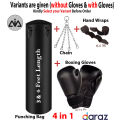 Boxing bag, Punching bag, (3&4 feet)-with, Boxing Gloves, Hand Wraps, Hanging Chain, For Men’s, Women’s, Kid’s, Comfortable with Durable Genuine Leather, Unfilled-Black color. 