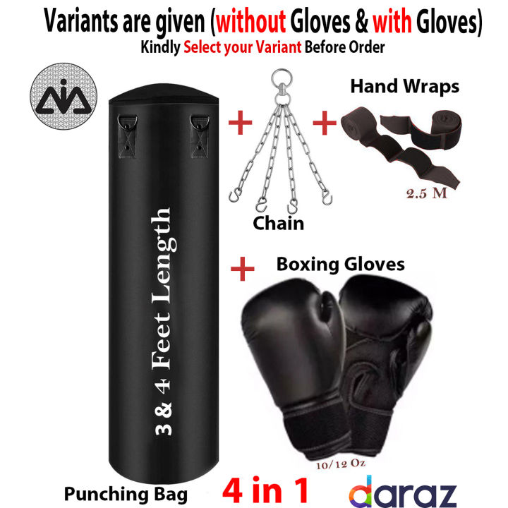 Boxing bag, Punching bag, (3&4 feet)-with, Boxing Gloves, Hand Wraps, Hanging Chain, For Men’s, Women’s, Kid’s, Comfortable with Durable Genuine Leather, Unfilled-Black color