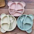 5pcs Cartoon Dinner Plate Set With Divided Plate, Fork And Spoon Baby Feeding Plate Adorable Cartoon Animal Kids Bear Plate Section Dinner Plate Durable Plastic, Perfect For Toddlers Kids Adults Ideal For Home School Restaurant. 
