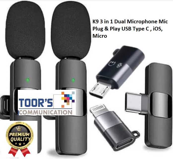 k9 wireless microphone dual K9 3 in 1 Dual Microphone Mic Plug & Play USB Type C & iOS Wireless Lavaliere Microphone Auto Sync Noise Reduction NO APP or Bluetooth Needed- Dual Mic