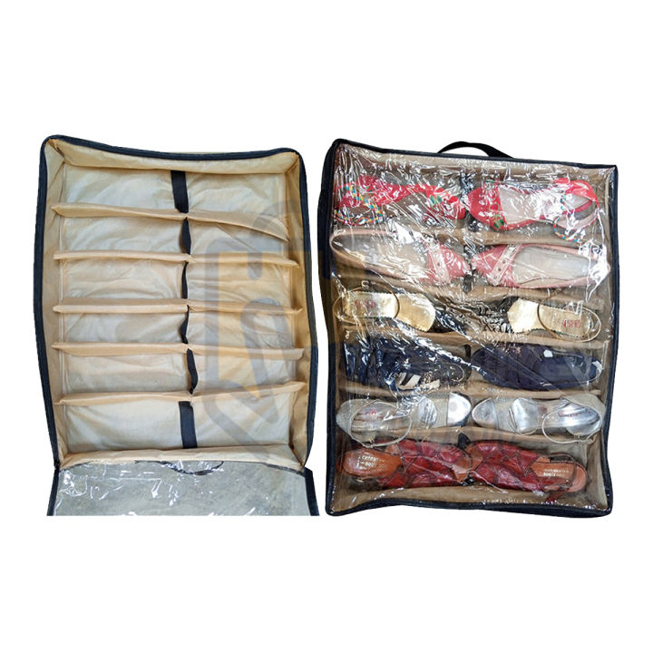 Under Bed Shoe Organizer Bag Hard Solid Fabric with Clear Plastic Zip Cover Store up to 12 Pairs of Shoes 1 Pcs