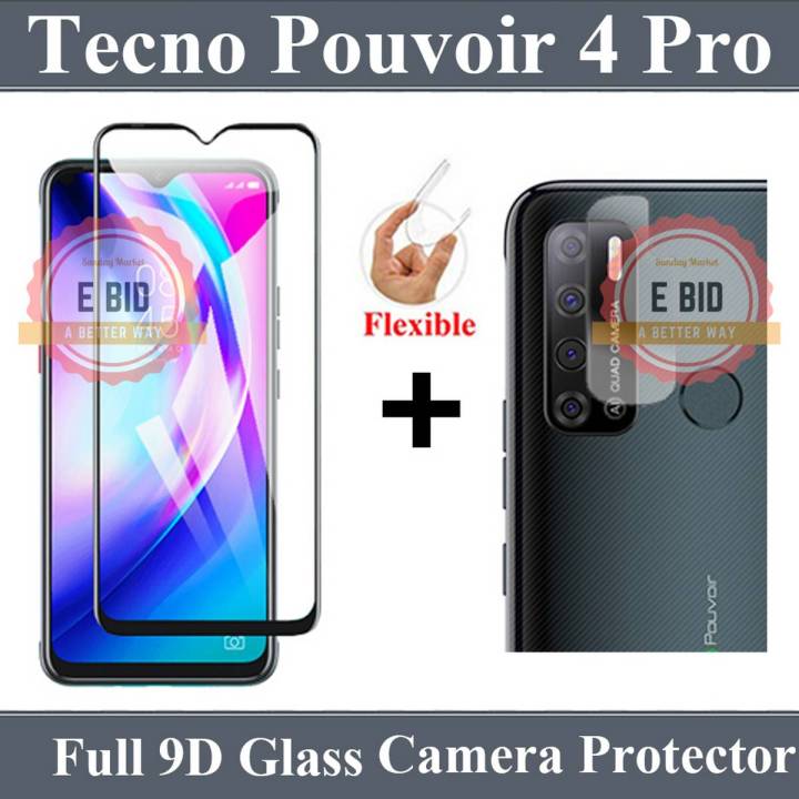 Tecno Pouvoir 4 Pro Full Black 9D10D11D21D5D6D Tempered Glass Edge to Edge Full Glue Screen Protector + Back Camera 9H Gorilla Flexible Protector For Tecno Pouvoir 4 Pro