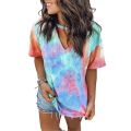 Women Blouse Top V Neck Short Sleeve Tie Dye Print Choker T-shirt. 