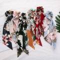 2pc Fashion Flower Print Hair Scarf Bow Scrunchies Ponytail Headband for Women Hair Accessories Bowknot Elastic Hair Rope Hairbands. 