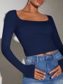 SQUARE NECKLINE LONG SLEEVE RUCHED SIDE CROP TEE. 