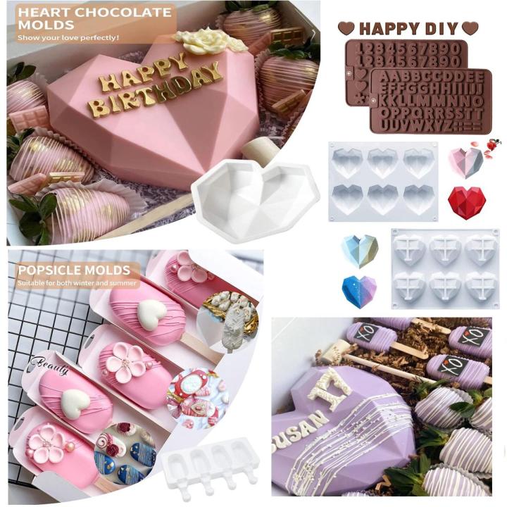 Heart Shaped Chocolate Mold Pinata Cake Mold and Hammer Popsicle Mold Set Diamond Silicone Mousse Cake Mold Trays ​Candy Dessert Ice Cream for Cake Decoration Making Ice Cream Chocolate