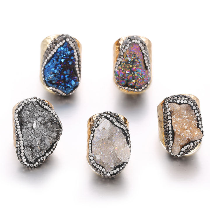 Natural Crystal Cluster Ring Stone Crystal Handmade Ornament Diamond Colorful Natural Stone Rings for Women Men