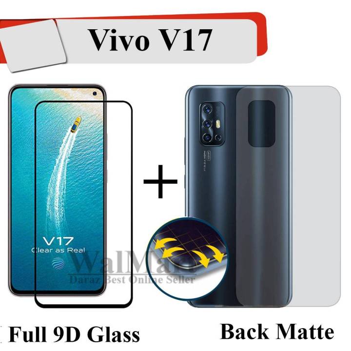 Vivo V17 Full Black 9D Tempered Glass Edge to Edge Full Glue Screen Protector + Back Matte Protector Soft Skin Sheet Soft Film Protector For Vivo V17