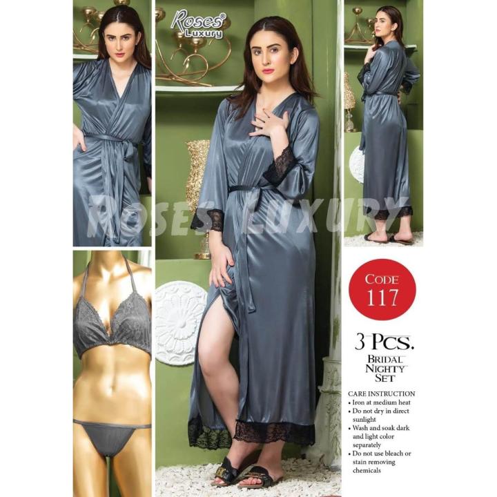 Hot Sexy Satin Silk Nighty Set 3 Piece For Women / Bridal Night Dress / Hot Sleepwear (Bra + Panty + Gown) for Women and Girls