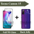 Tecno Camon 15 Full Black 9D Tempered Glass Edge to Edge Full Glue Screen Protector + Back Jelly Protector Clear Soft Film Protector Hydrogel Film Protector For Camon 15. 