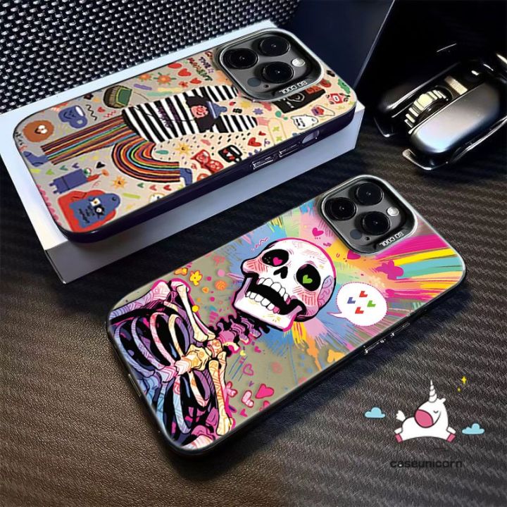 Cartoon Skeleton Funny Girl Color Graffiti Rainbow Case Compatible for IPhone 7Plus XR 14 11 12 15 13 Pro Max XS Max X 14 7 15 8 Plus SE 2020 Couples Luxury Plating Metal Lens Case