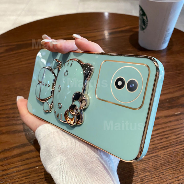For Vivo Y02 Y02A Y02s Y02t Back Cover with Cute Cat Makeup Mirror Stand Bracket Luxury 6D Plating Square Frame Phone Case Shiny Holder Soft Silicone Protective Cases Pouch Girls