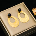 Eilieck 316l Stainless Steel Oval Tree Whorl Pattern Earrings For Women Black Stone Ear Jewelry Party. 