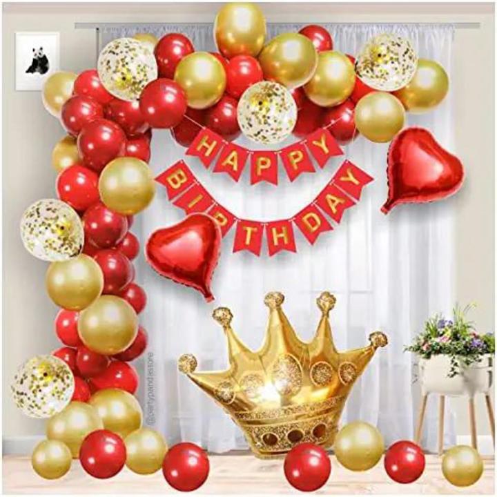 Red And Golden Happy Birthday theme Package Include (HBD banner +30 latex balloons +5 confetti baloons+2 red hearts+ 1 crown) birthday accessories - party decor - birthday themes for girls and couples - birthday themes - decor - birthday decoration set