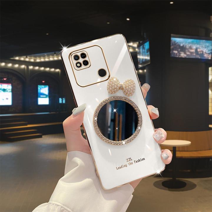 Maitus for Xiaomi Redmi 10C Back Cover Luxury 6D Plating Square Bumper Shiny Bowknot Makeup Mirror Soft Silicone Girls Cases Full Protection Mobile Phone Case