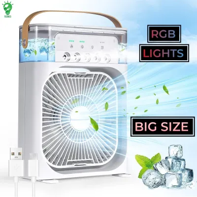 Portable Air Conditioner Mist Fan Big Size | 3-in-1 Mini AC Fan for Room Air Cooler with Ice & Humidifier | USB Electric Fan with Ice Water Mist | LED Lights | Adjustable Wind Speed | Small Desktop Cooling Fan for Room, Office & Home | 10inches