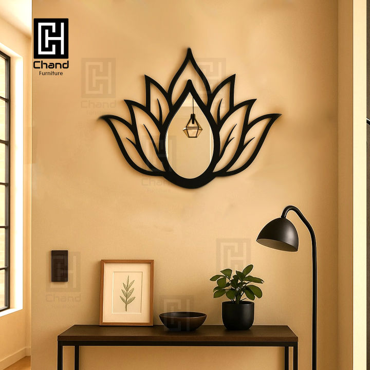 Chand Furniture Wall Decoration Item Wooden and Wooden Lotus Design with Mirror Wall decorative items for room , wall decorate, Home decoration item , Wall hanging mirror, Wall Mounted decor, Room and hall decorate