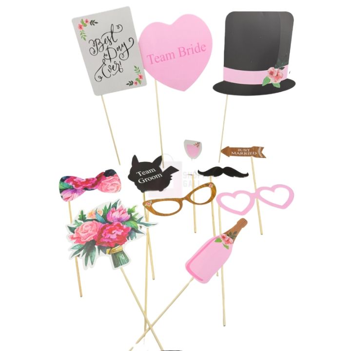 Bridal Shower Prop - Team Bride Team Groom Props - Pink And Black Color - Pack Of 12 Props