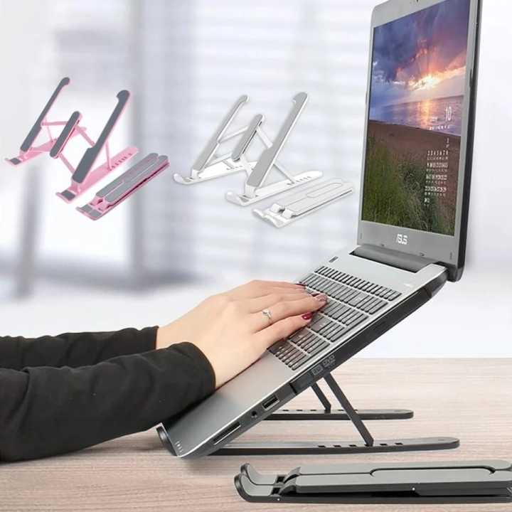 This is a high-quality, portable laptop stand that folds up and is adjustable in height. It features an adjustable cooling bracket and a multifunction aluminum lap mount computer tablet support riser holder that can be adjusted up to 15.6 inches. It is ma