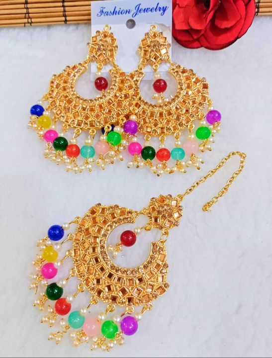 Artificial Golden Ear Rings With Beautyfull Tika New Big Latkan Style New Look Long Lasting Polish For Beautyfull Girls Artical 756026