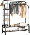 HT  Double Pole Clothing Rack Freestanding Coat Hanger, Clothes Hanging Rails With Lower Storage Shelf. 