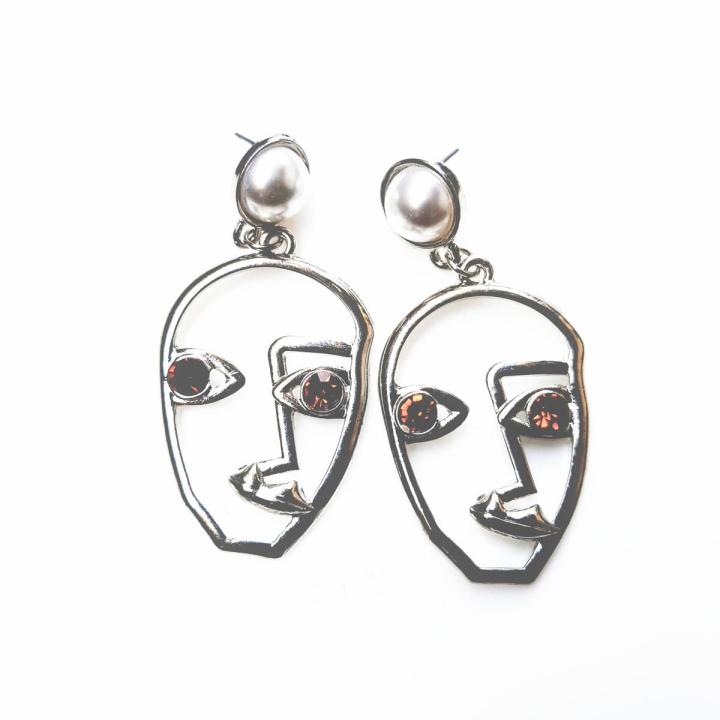 Silver Face Earrings, Unique Abstract Art, Dangle Stud Earring for girls