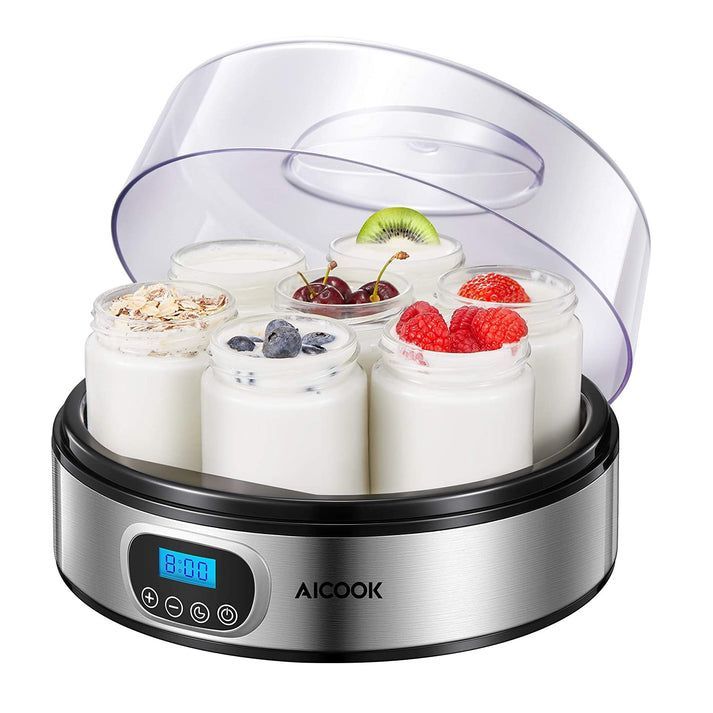 AICOOK Automatic Digital Yogurt Maker, EP2305 Timer Control & LCD Display, 304 Stainless Steel Body 7*200ml Glass Jar 1400ml Adjustable Timer And Auto Switch-Off Easy to Use and Clean, For Home made Yoghurt.