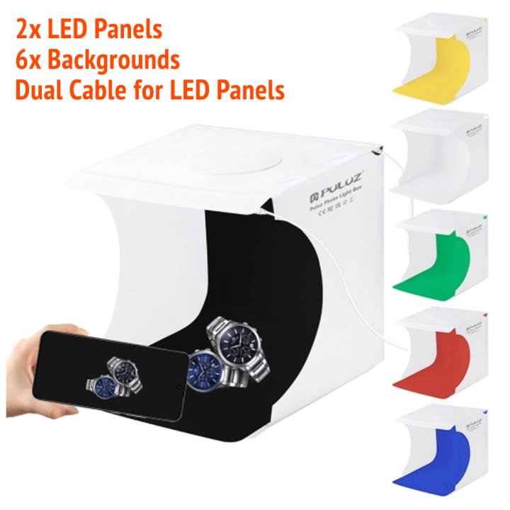 PULUZ Mini Photography Box light box for photography Includes 2 LED Light 1100 Lumens For Shooting Lighting Studio With 6 Background Color (Black, White, Yellow, Red, Green, Blue) Photo Studio Box Kit Portable Size 24 x 24 cm