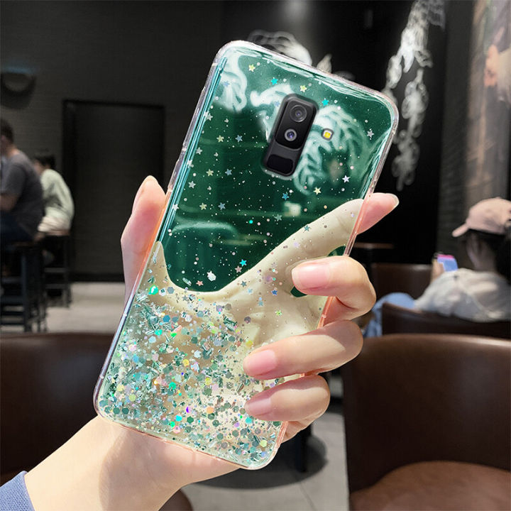 For Samsung Galaxy A6 Plus 2018 Back Cover Luxury Shiny Glitter Gold Foil Space Starry Cases Clear Soft Silicone Bumper Full Protection Mobile Phone Case for Girls Boy