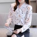 Yfashion Women ffon Blouse Long Sleeves  Fit Shirt Fashion Bowknot Neckline Printing Pullover Tops color. 