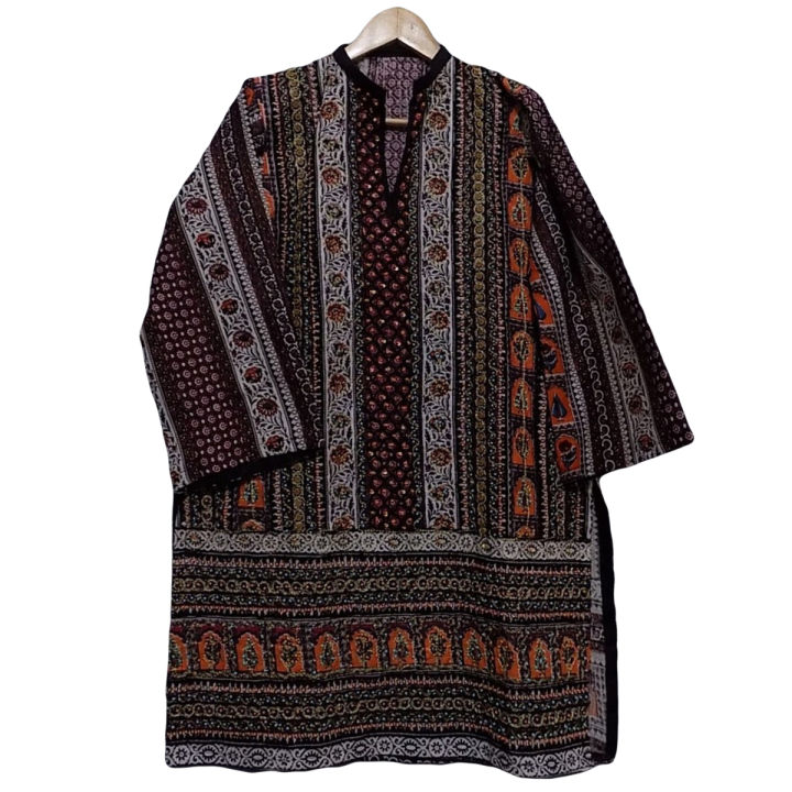 Multicolour Sindhi Designed Khaddar Shirt Covered Fully From Front With Beads And Golden Wire For Ladies And Girls