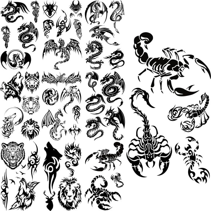 【HOT】 Black Scorpion Temporary Tattoos For Adults Men Realistic Dragon Wolf Tiger Thorns Fake Tattoo Sticker Hand Leg Tatoos Creative