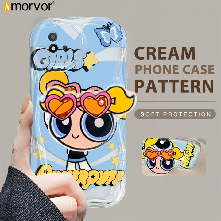 AMORVOR for Realme C11 2021 C20 C20A Back Cover With Holder Powerpuff Girls Texture Phone Case Wavy Edge Soft Silicone Cover