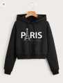 Paris Printed Fleece Full Sleeves Pull Over Crop Top Hoodie For Girl & Women. 