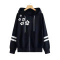 New Black Side Flower Sleeves Stripe Printed Hoodie Zipper For Girls and Women. 