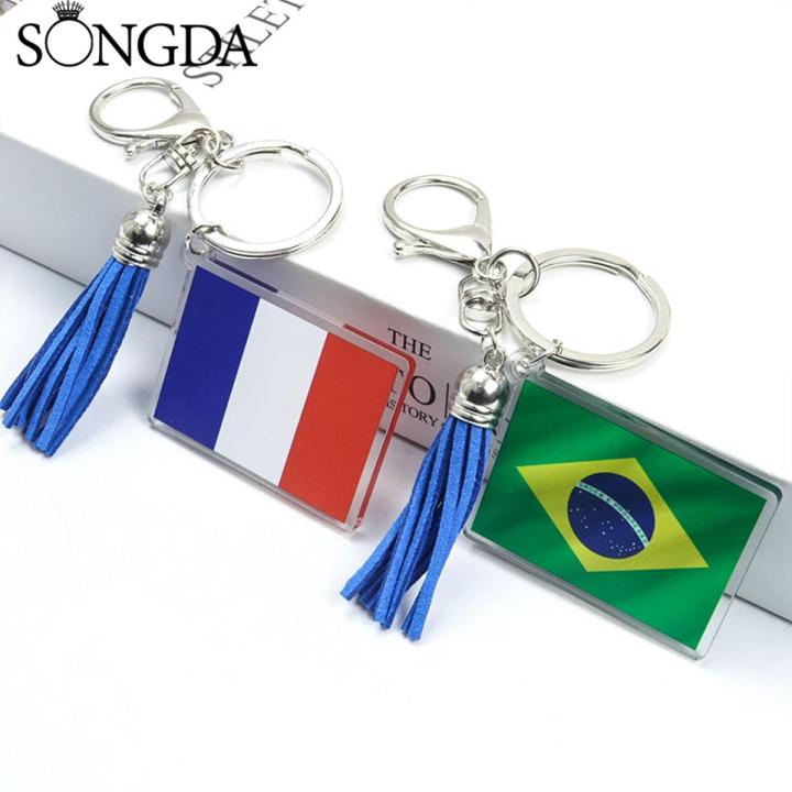 World Flag Football Acrylic Tassel Keychain Brazil Italy France Keyring Soccer Lover Bag Pendant Collection Jewelry Accessories