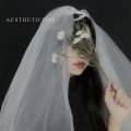 Bridal veil headwear Wedding Hair Accessories Veil headdress, super fairy forest, short net celebrity photo props, pearls, double butterfly mesh, simple travel veil. 