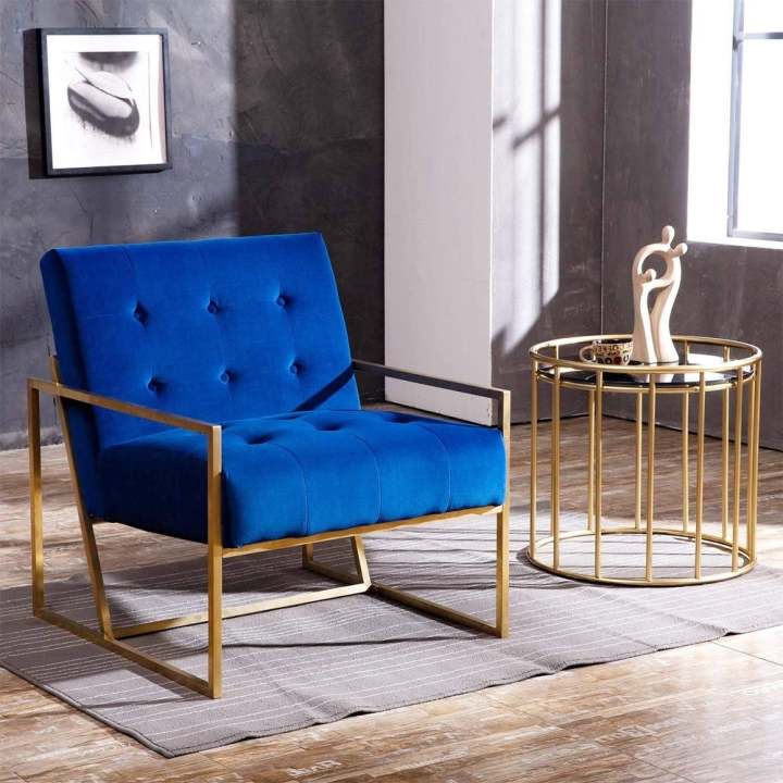 Modern Royal Blue and Matt Gold Wooden Sofa with Arms - Single Seater Upholstered Chair for a Comfortable Living Room