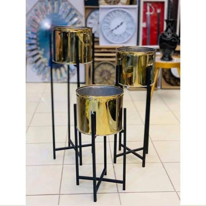 Golden Indoor Planters with Black Stand, Flower Pot, Without Plant - 3 Sizes Available